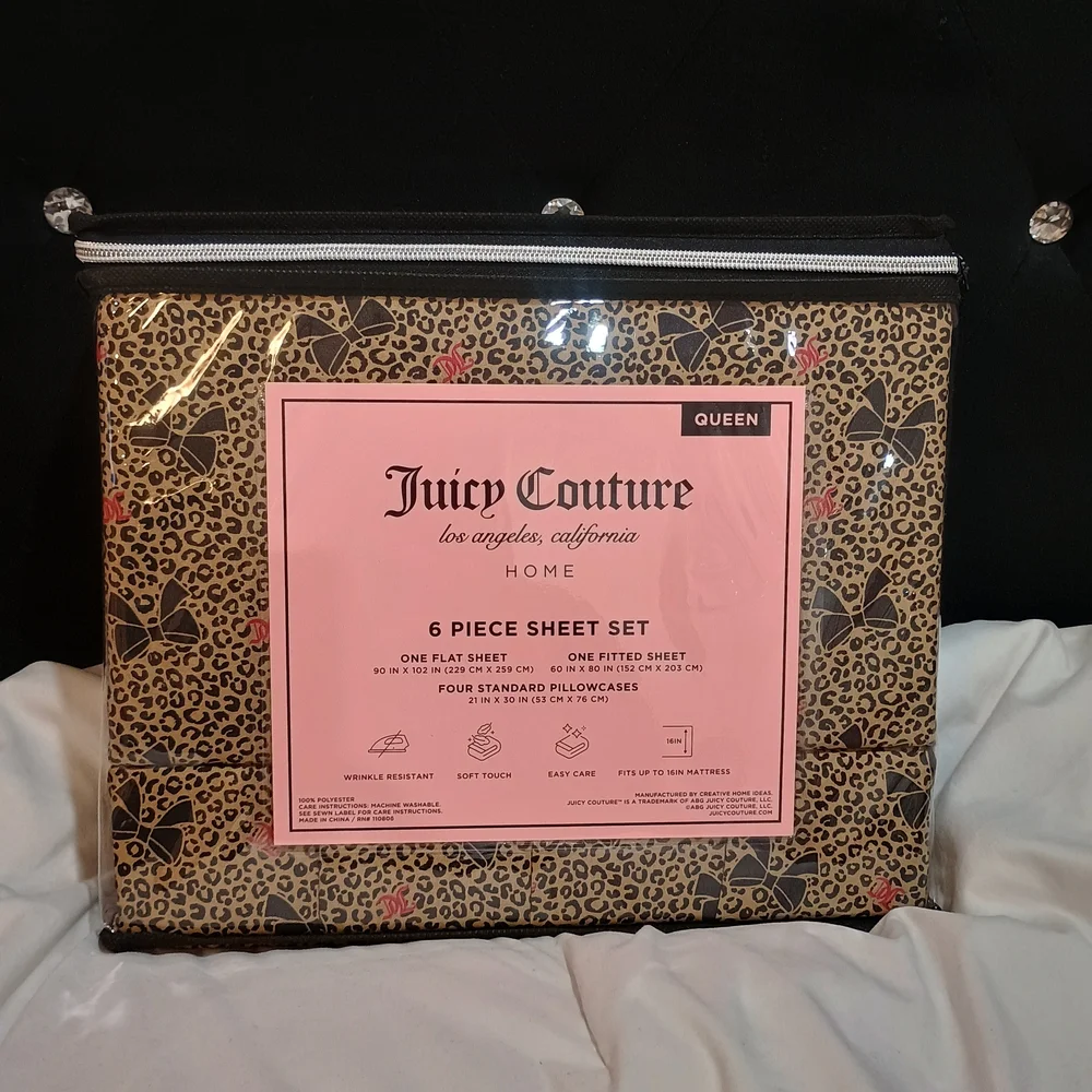 New Juicy Couture Leopard Print Bow & Logo Sheet Set Size Queen